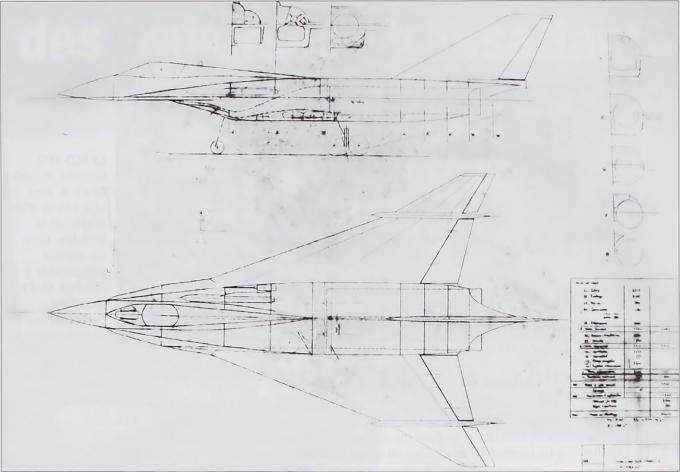 Чертеж аванпроекта GZ-4 с ракетами, размещенными над воздухозаборники двигателей в верхней части крыла