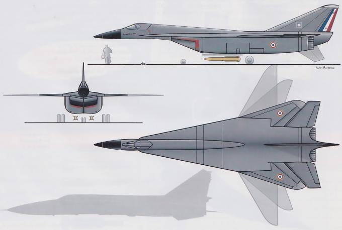 Аванпроект GW-2 (X3) с крылом изменяемой геометрии должен был стать огромным истребителем, способным летать на скорости М = 4,0. Серой красной на рисунке показан силуэт истребителя-перехватчика МиГ-25