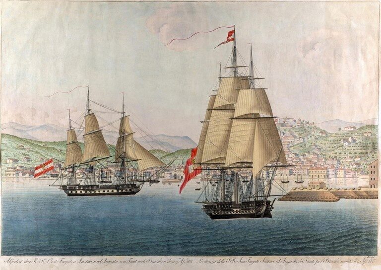 Фрегаты «Августа» и «Австрия» в порту Триеста перед отбытием эрцгерцогини Марии Леопольдины Австрийской в Бразилию, 9 апреля 1817 года