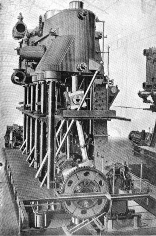 Вертикальный двигатель тройного расширения броненосца Висконсин , по общей компоновке похож на двигатель Мэн.