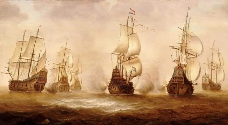 Блокада Дюнкерка голландским флотом. Обратите внимание на грушевидную корму флейтов.