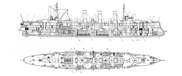Крейсер «Богатырь», продольный разрез, вид сверху и план платформы