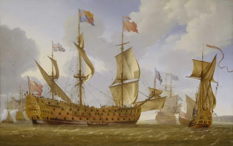 HMS Prince (1670) на ветре. Хорошо видны блинд и бом-блинд.