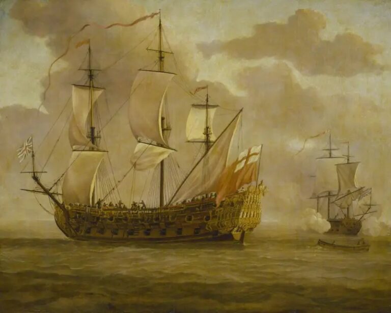 HMS Woolwich (1677). Хорошо видна латинская бизань на рю-рее.