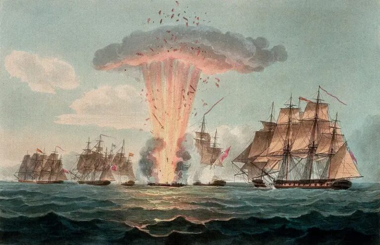 HMS Indefatigable в составе соединения Мура против испанских фрегатов, 5 октября 1804 года. Хорошо виден трисель на бизани.