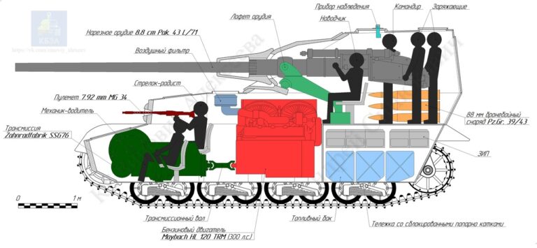 Внутренняя компоновка истребителя танков Panzerjäger IV (K) mit 8.8 cm PaK 43 L/71. Источник: КБ ЗА, автор чертежа - Андрей Синюкович; основано на документе RH 8/3935K1 из Bundesarchiv;