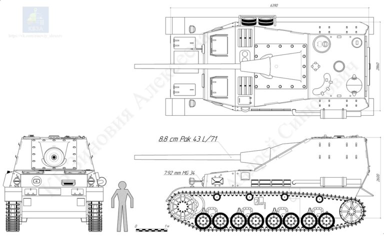 Реконструкция облика истребителя танков Panzerjäger IV (K) mit 8.8 cm PaK 43 L/71. Источник: КБ ЗА, автор чертежа - Андрей Синюкович; основано на документе RH 8/3935K1 из Bundesarchiv;