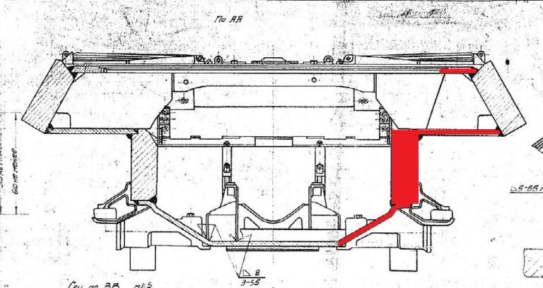 Поперечный разрез корпуса ИС-4. Высокая наклонная часть днища несопоставима по уровню защиты с бортовыми бронелистами; также отмечены тонкое днище подкрылка и подбашенный лист