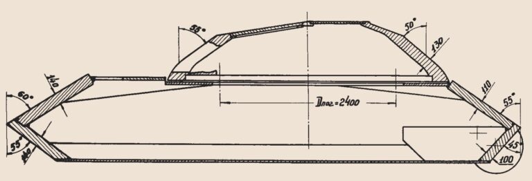 Схема бронирования "Объекта 705", продольный разрез, июнь 1945 г. (источник: "ТиВ" 2013/09)