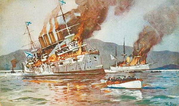 Крейсер Варяг и канонерская лодка Кореец после сражения в Чимульпо.