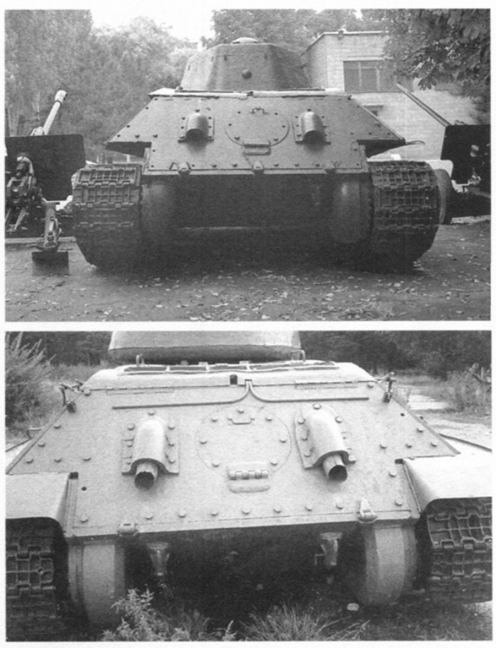 Кормовая часть корпуса танков разных периодов выпуска завода №183. Вверху — Т-34 выпуска 1942 года. Причем машина с такой конструкцией верхнего кормового листа могла быть изготовлена и в Нижнем Тагиле, и в Челябинске и в Свердловске. Внизу — классический Т-34-85 выпуска 1945 года.