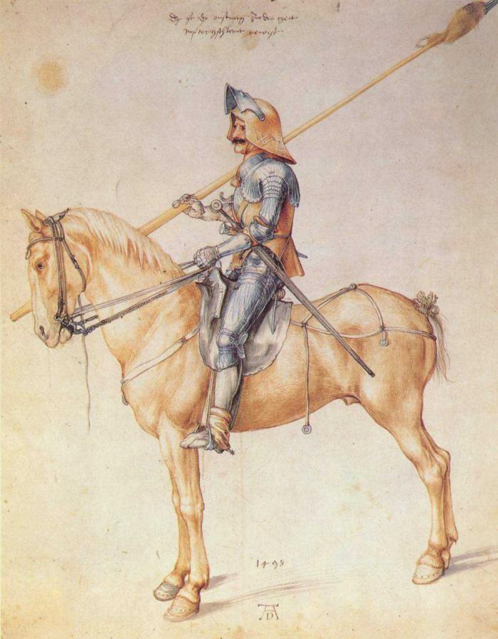 Вооруженный рыцарь (рисунок Альбрехта Дюрера, 1498 год). Рыцарь носит доспехи с желобками. Забрало на шлеме поднято вверх. Короткая кожаная куртка частично закрывает торс. В качестве обуви рыцарь носит сапоги без поножей. Копье украшено лисьим хвостом. К лошадиному хвосту подвешен пучок дубовых листьев и колокольчик. Обратите внимание на седло. На таком седле центр тяжести всадника смещался вперед, что позволяло ему легче держать удар.