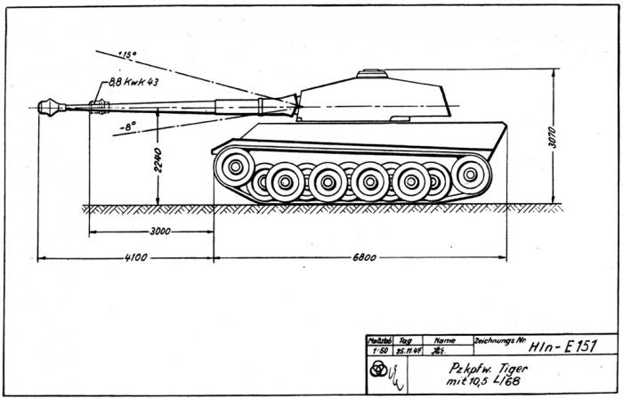 Эскизный проект установки в башню Pz.Kpfw.Tiger II 105-мм пушки KwK L/68. Для нормальной работы подобной системы требовалось сделать раздельное заряжание орудия и добавить в экипаж второго заряжающего. Оба пункта немцы сочли неприемлемыми