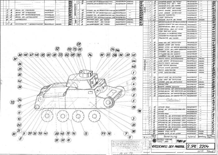 Схема бронелистов TNH-Sv, позже превратившегося в Pz.Kpfw.38(t) Ausf.S. Таким танк был в начальной стадии, реальная машина несколько отличалась