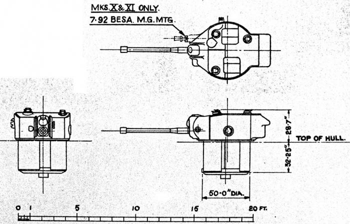 Общие виды башни Valentine IX. К моменту, когда появилась эта схема, создали уже и Valentine X, поэтому здесь схематично показан пулемёт