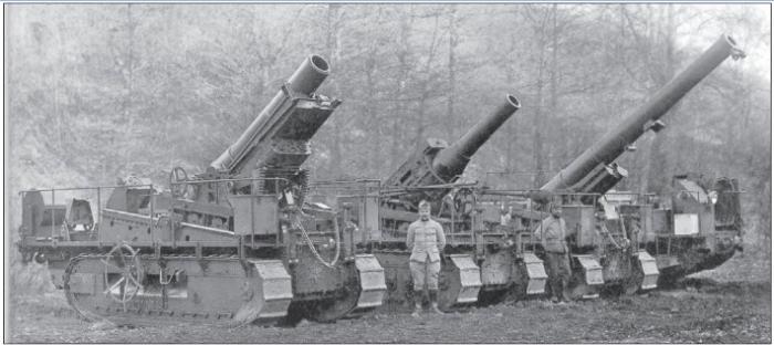 Опытные САУ на базе танка Saint-Chamond (280-мм мортира, 220-мм короткоствольная гаубица, 194-мм пушка), 1919 г.