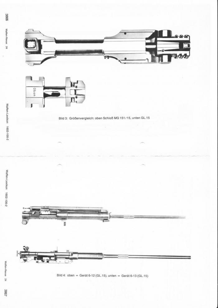 Вверху затвор серийной пушки MG 151 по сравнению с затвором MG 210 Внизу пушки MG 210 (верхнее изображение) и MG 215 (нижнее изображение) 