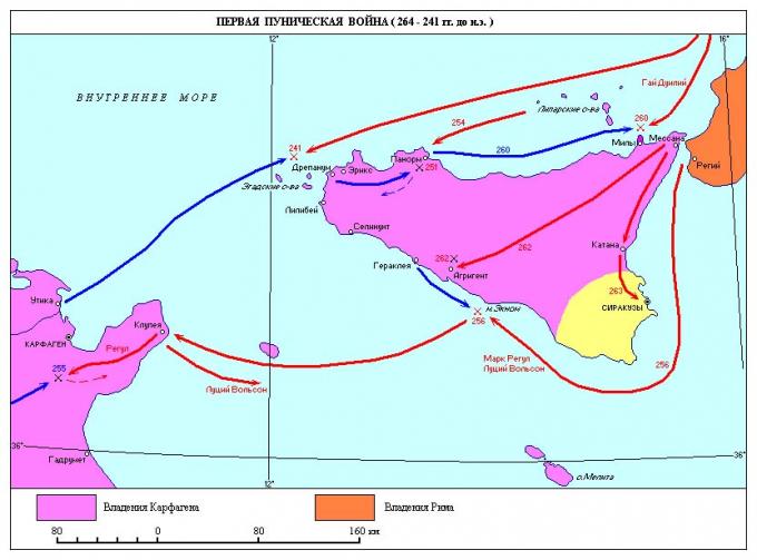 Карта Первой Пунической войны. Местами сильно упрощена – если бы рисовался весь ход войны на Сицилии, то остров был бы утыкан стрелками.