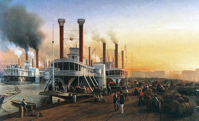 Корабельная пристань порта Нового Орлеана. Колесные речные пароходы стали одной из "визитных карточек" города в XIX веке.