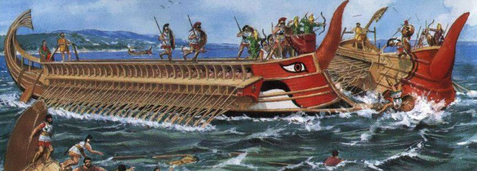 Вполне похожий на правду античный морской бой времен греко-персидских войн. Число эпибатов невелико, мачты убрали...