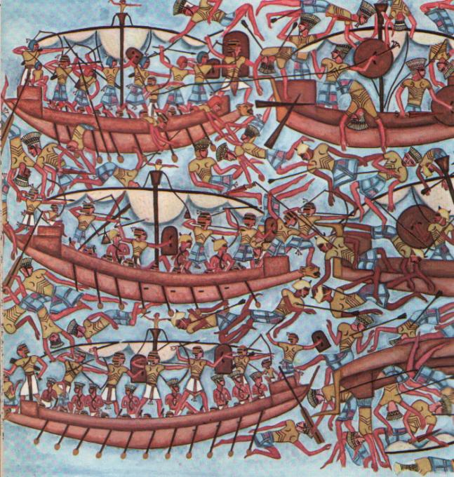 «Народы моря» во время морского сражения с египтянами. Рельеф на стене в храме в Мединет-Абу. Прорисовка