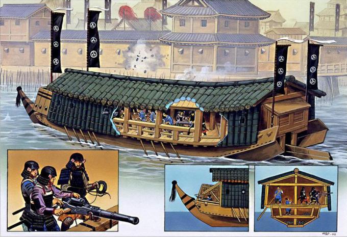 Японская боевая галера того же периода, «забронированная» рулонами цыновок и вооруженная казнозарядными фальконетами. 