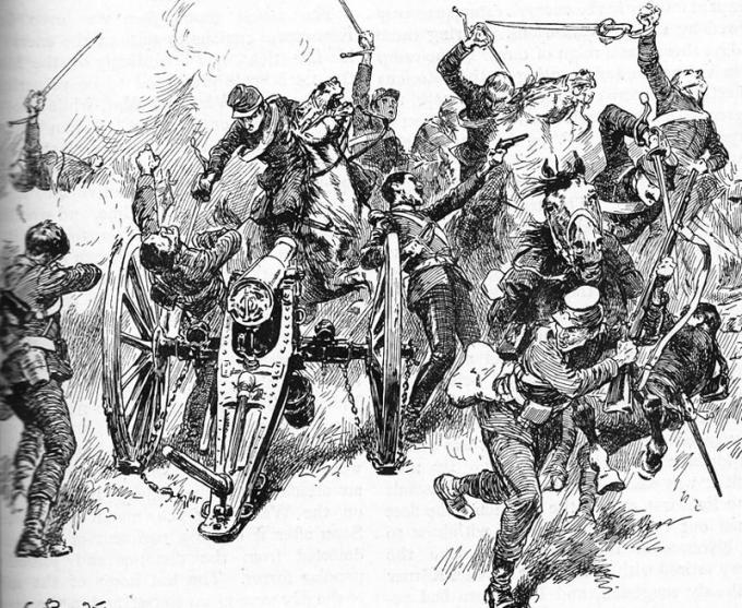 Бой у Вальпараисо. Кавалерия повстанцев атакует президентскую артбатарею. Далее - снимки сделанные на полях сражений чилийской гражданской войны.