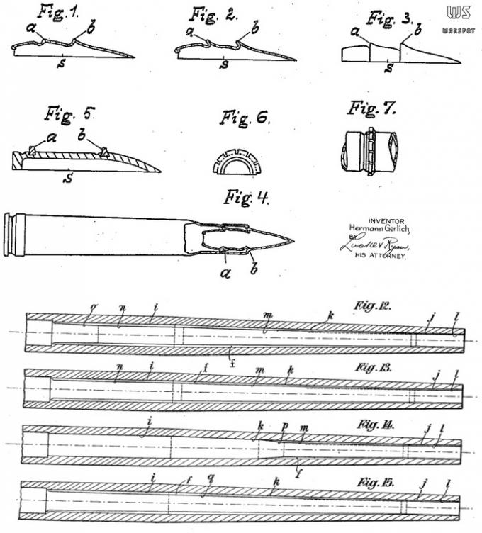 Схемы пуль и конических стволов Герлиха (патент US 1944883 бюро по патентам и товарным знакам США)