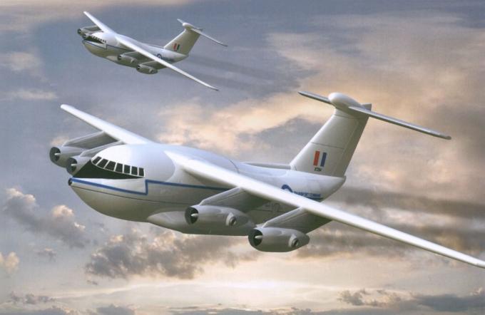 Художественное представление двух летящих ВТС HS.681, окрашенных в цвета Транспортного командования (рисунок Адриана Манна)