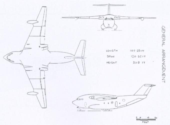 Схема проекта военно-транспортного самолета HS.802, оснащенного крылом от пассажирского самолета DH Comet (из коллекции Рэя Уильямса)