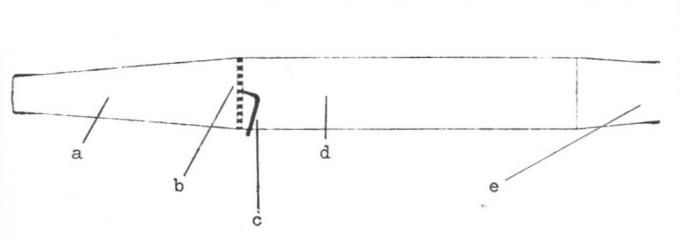 Рис. 1. Схематическое изображение разработанного Ойгеном Зенгером прямоточного воздушно-реактивного двигателя: a – диффузор, b – сетка впрыска, c – распределение топлива, d – камера сгорания, e – дюза
