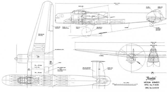 Схемы проекта среднего бомбардировщика Bristol P.13/36 (6.1.37)