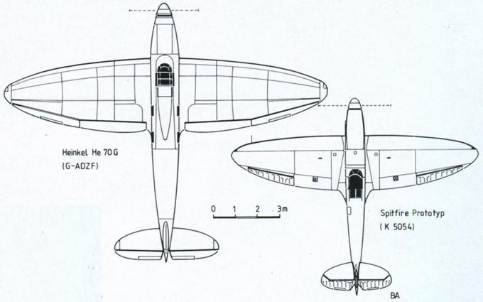Выполненное в одном масштабе сравнение видов сверху пассажирского самолета Не 70 и прототипа истребителя Spitfire указывает на значительное сходство этих самолетов
