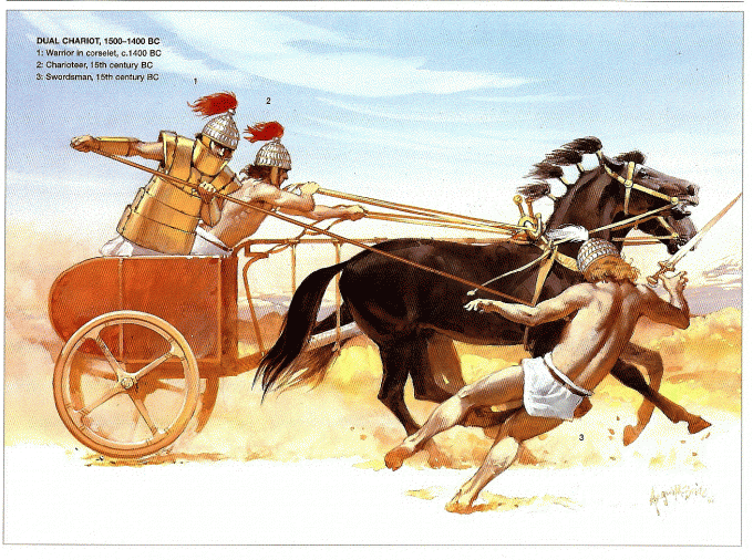 Воины на колеснице с копьями в руках. Современная реконструкция