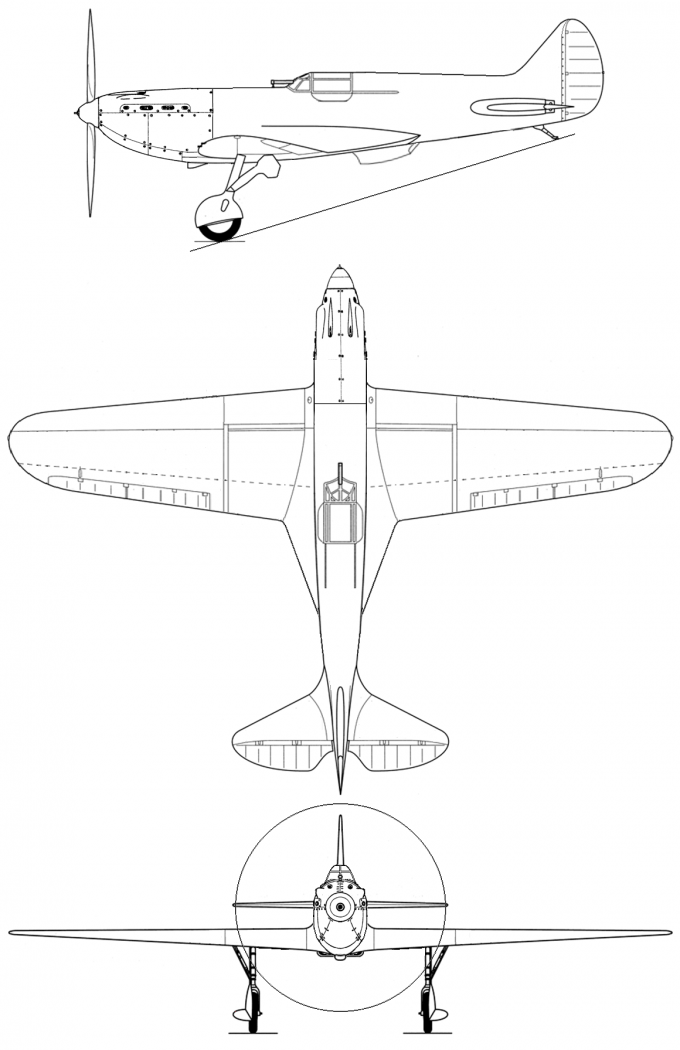 Схема третьего прототипа альтернативного истребителя И-17, конструкция которого лишена недостатков реального И-17; на самолете установлен туннельный водомаслорадиатор