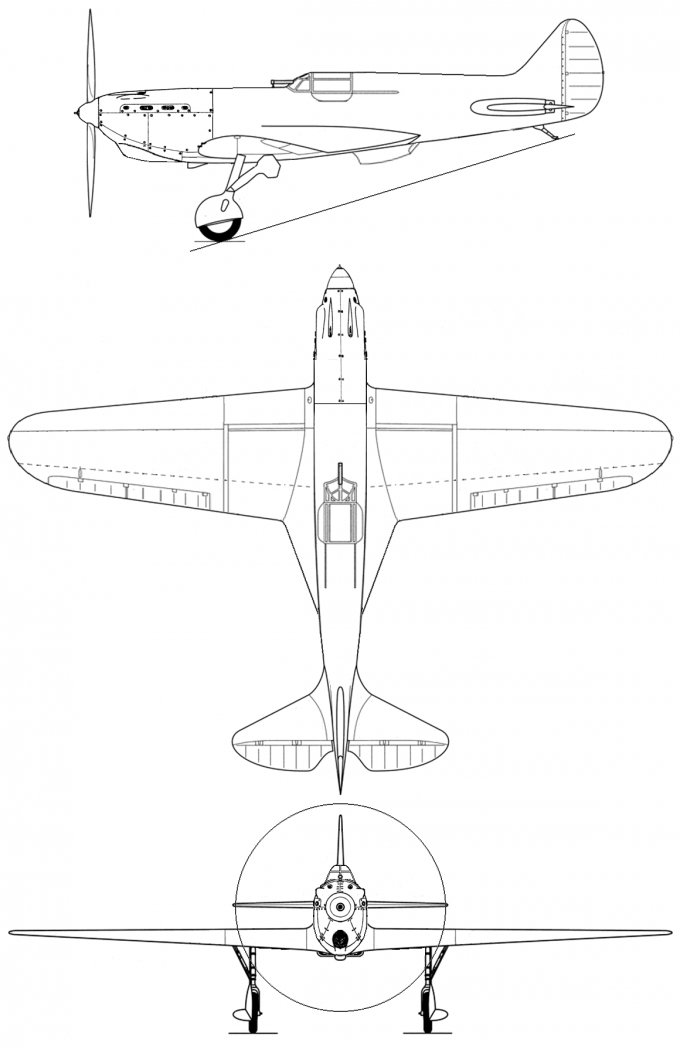 Схема альтернативного истребителя И-17 одной из первых серий; на самолете вместо единого водомаслорадиатора установлены отдельные водяной и масляный радиаторы