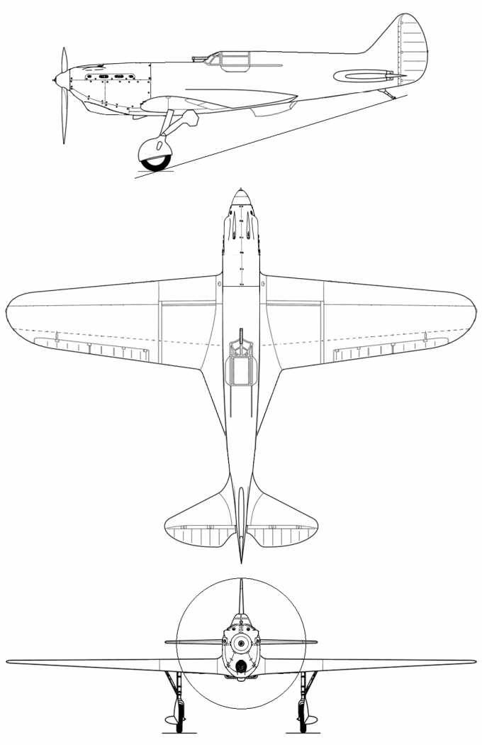 Схема альтернативного истребителя И-17; на самолете установлен авиадвигатель М-100А, а вместо двухлопастного винта установлен трехлопастный винт изменяемого шага диаметром 3 метра