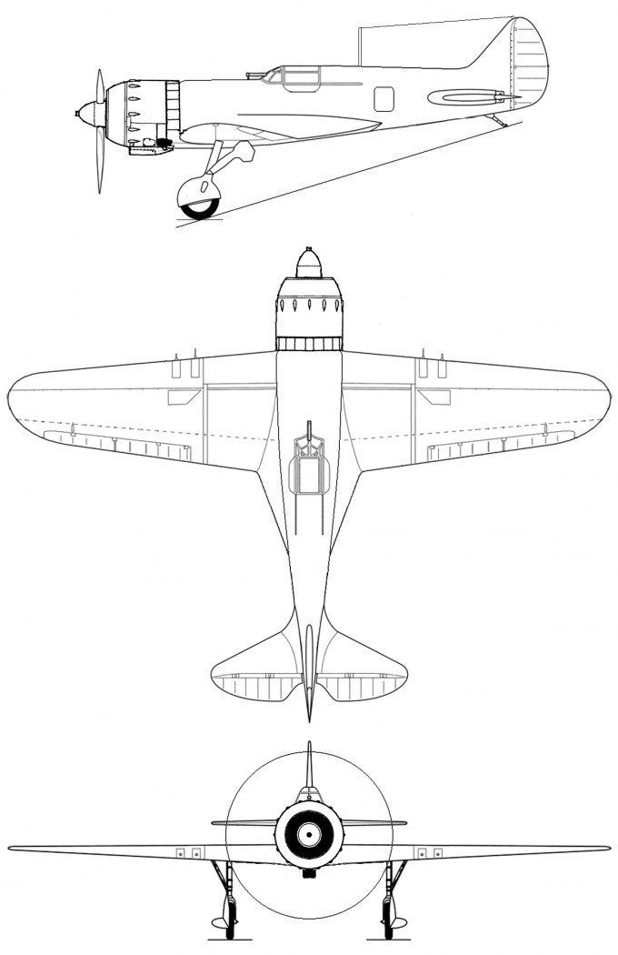 Схема серийного альтернативного истребителя И-18 с двигателем М-87, трехлопастным воздушным винтом и радиоприемником 13-СКМ