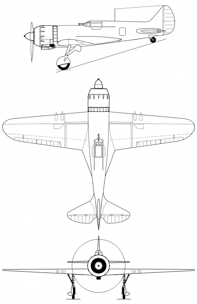 Схема серийного альтернативного истребителя И-18 с двигателем М-87, трехлопастным воздушным винтом, радиоприемником 13-СКМ и убирающейся хвостовой стойкой
