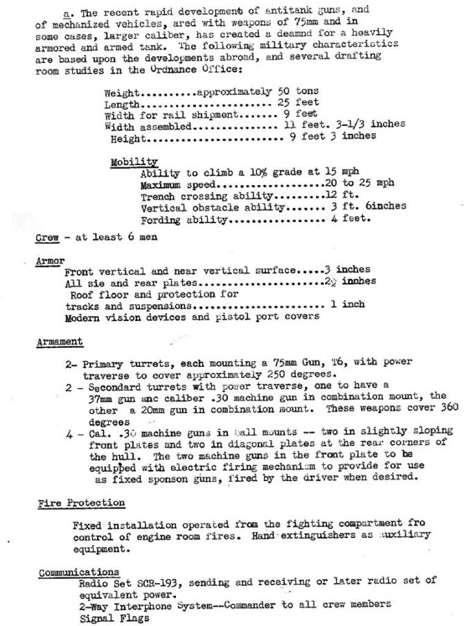 Первая спецификация на тяжелый американский танк. Как можно заметить, от построенной в металле машины изначальная концепция сильно отличалась