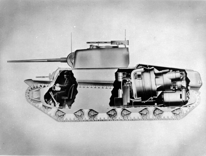 Продольный разрез американского тяжелого танка с электротрансмиссией