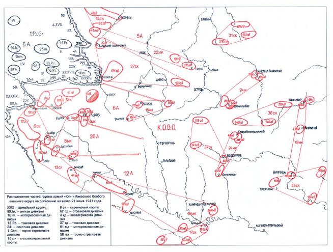 Рисунок 1 – Положение войск КОВО и ГА «Юг» вечером 21 июня 1941 г.