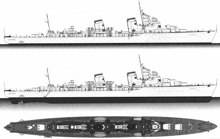 Лидер проекта 20 («Ташкент») итальянской постройки – единственный советский суперэсминец, вступивший в строй. Лишь в июле 1941 года на нем были установлены двухорудийные башни Б2-ЛМ, а до этого вместо них стояли одноорудийные щитовые установки Б-13 (как и на «Опытном»).