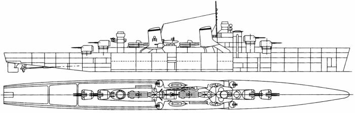 Бронированный лидер проекта 47 (1940 год), так и оставшийся в эскизах. Источник: П.И. Качур, А.Б. Морин. Лидеры эскадренных миноносцев ВМФ СССР. СПб.: Остров, 2003