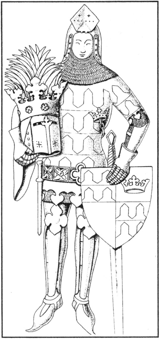 Хартманн фон Кронеберг (ум. 1372). Поверх доспехов рыцарь носит прилегающую к телу накидку, на которой повторяется геральдический узор со щита. Ноги защищают поножи, к шлему прикреплено забрало (Klappvisier).