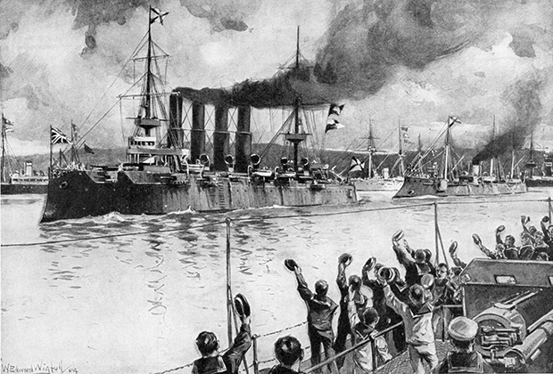 Крейсер «Варяг» выходит из порта, февраль 1904 года