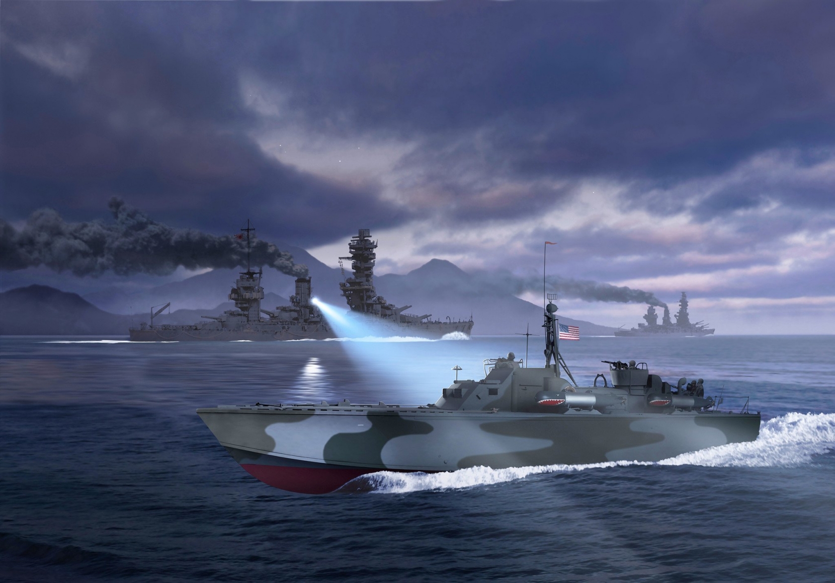 Американский торпедный катер типа «Elco» атакует эскадру Нисимуры. Художник – Рон Коул.