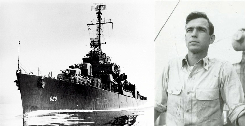 Эсминец «Melvin» типа «Fletcher» и его командир коммандер Барри Аткинс (1911–2005). На счету офицера и его команды – единственный в годы Второй мировой достоверный случай уничтожения одним эсминцем линкора. За этот успех Аткинс был награжден Военно-морским крестом, а эсминец получил прозвище «Безжалостный Мелвин».