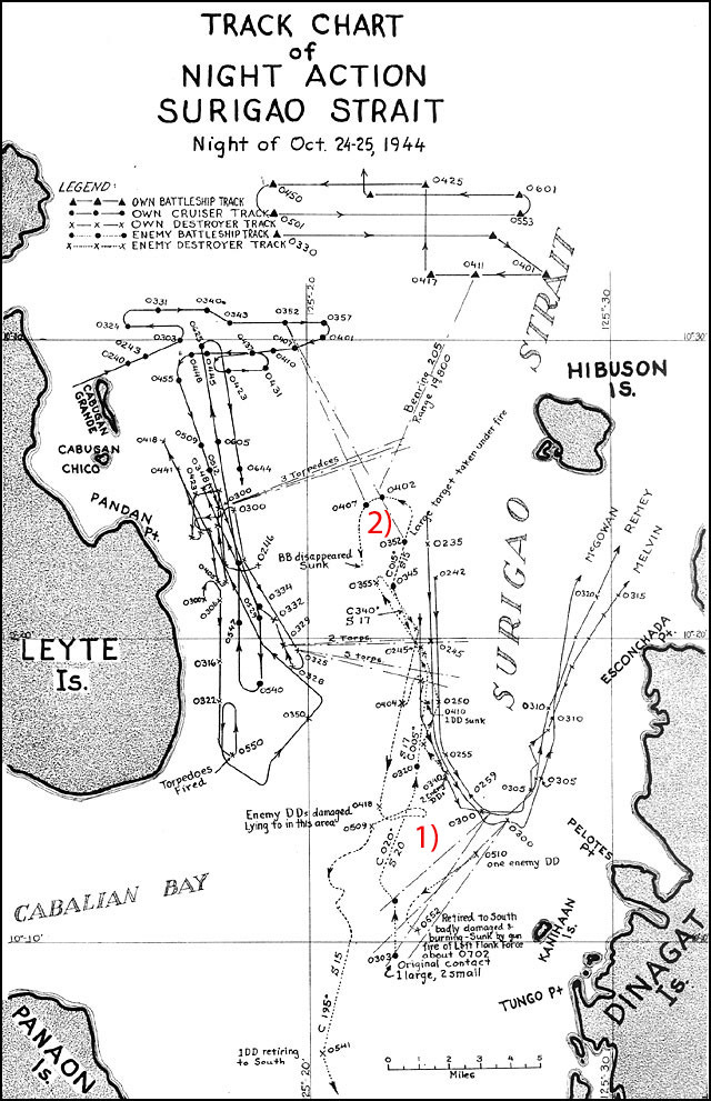 Схема боя в проливе Суригао, составленная офицерами штаба Главнокомандующего ВМС США. Передвижения японского флота указаны пунктирной линией. 1) атака эсминцев на «Fuso», 2) маневры «Yamashiro» перед гибелью.