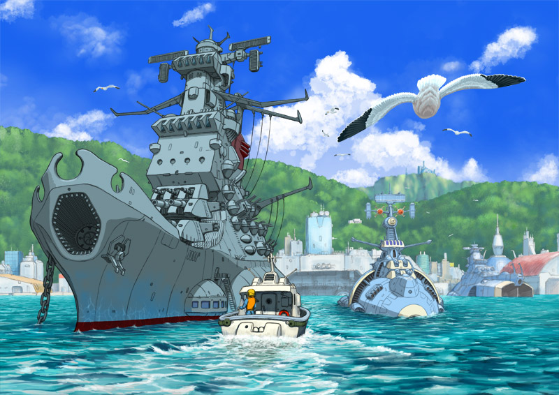 Earth Defense Forces Space Battlehip Yamato in port. With a Space Patrol Cruiser ("Konigsberg-class") off her port side.